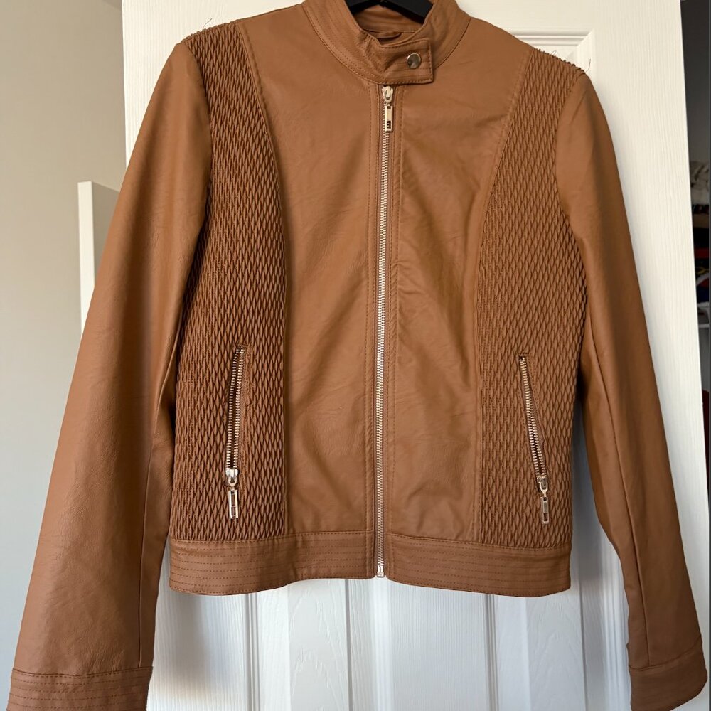 Brown Faux Leather Jacket | Size S (Fits Like a Medium) | Zip Front - Picture 2 of 7